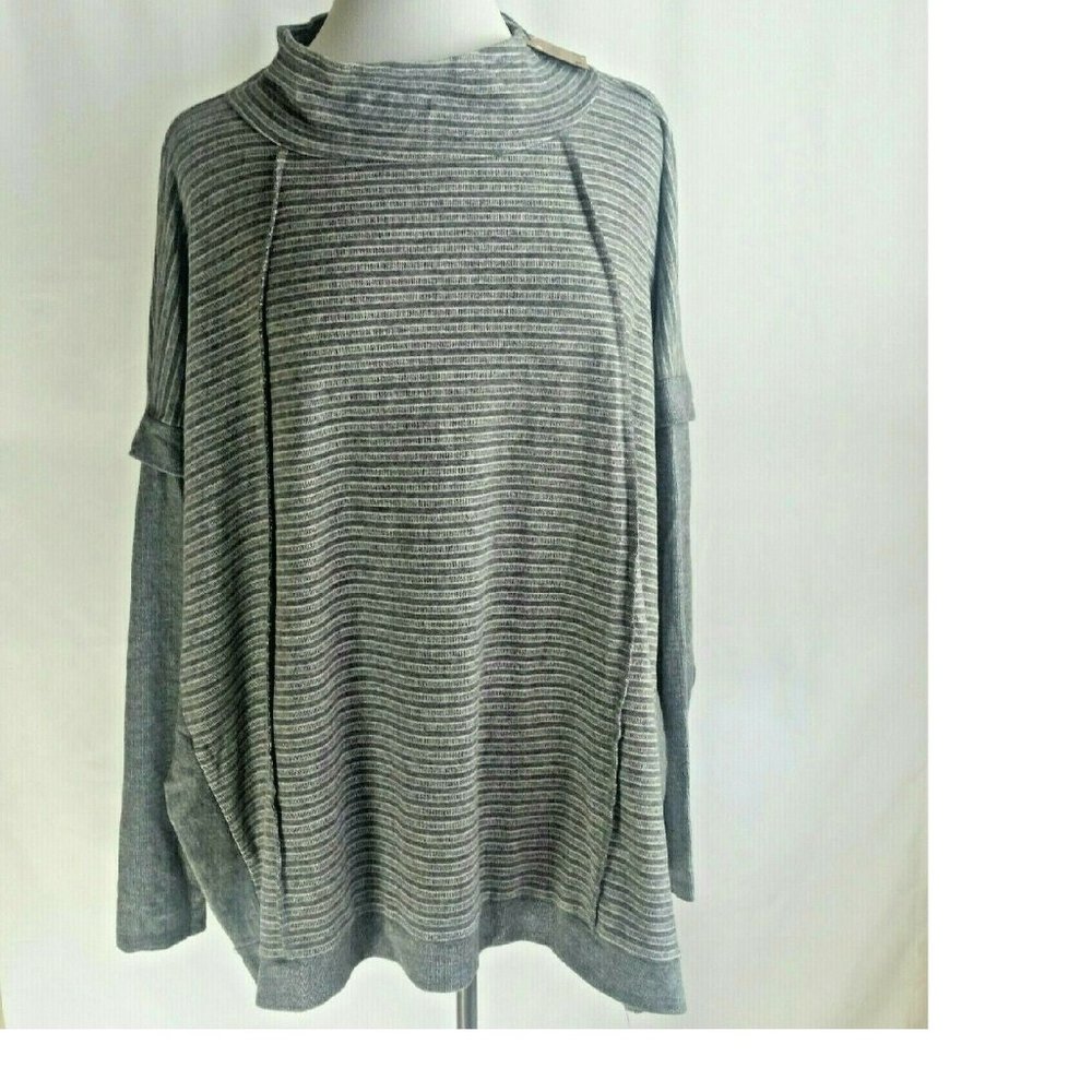Hello Nite Oversized Boxy Mock Neck Striped Sweater Top Split Sides Gray S